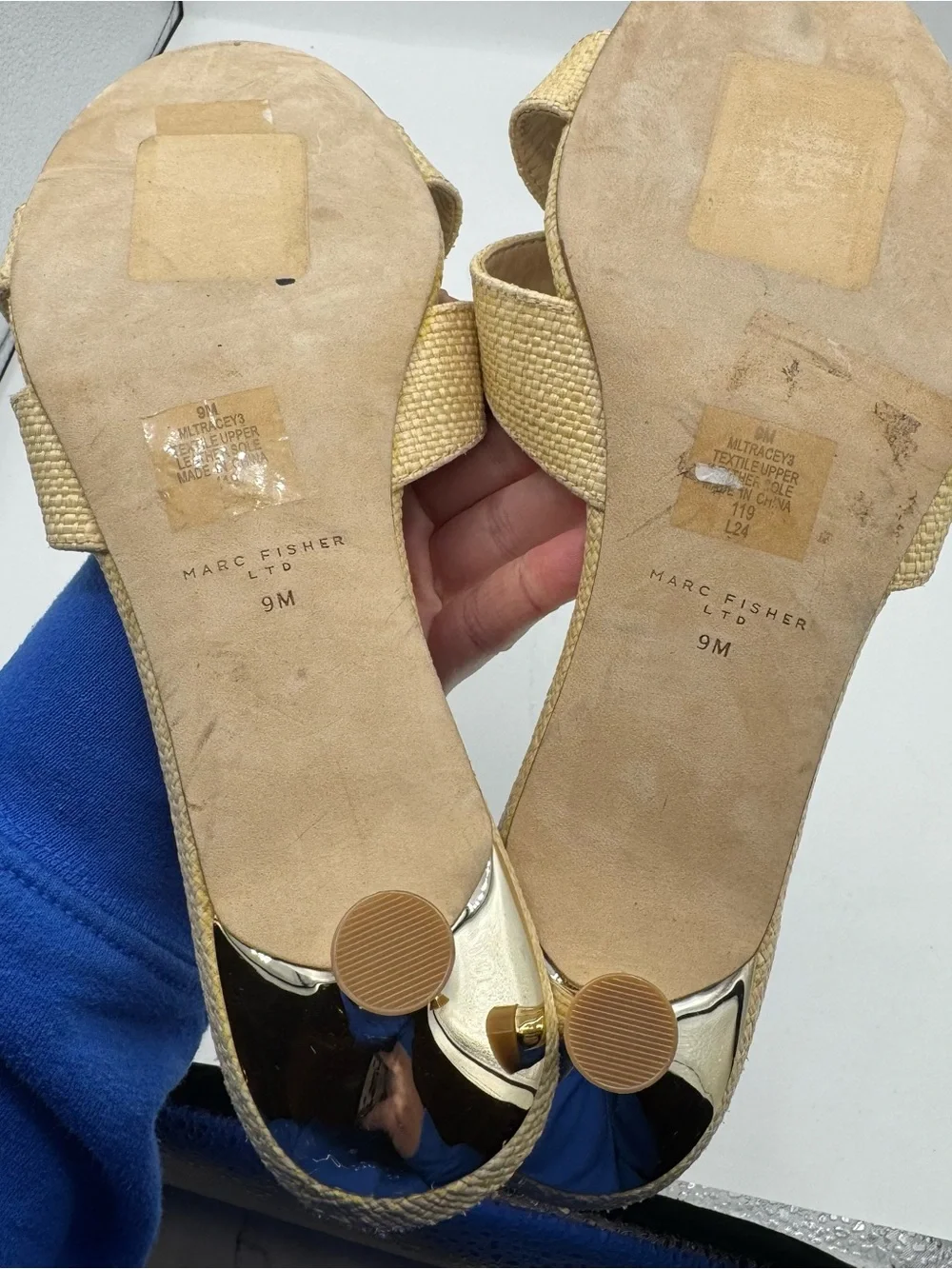 Marc Fisher Tracey Raffia Gold Kitten Heel Slide Sandal size 9 wedding event